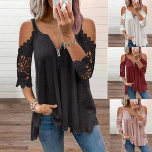 Sexy Summer Half Sleeve Lace Shirt Women Casual Zipper V Neck Loose T Shirt Hollow Out Sling Elegant Pullover Tops