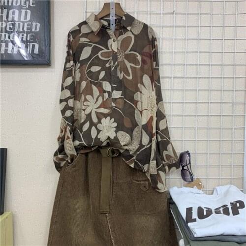 Long-Sleeved Printed Women Shirts Summer Vintage 2021 Turn-Down Collar Loose Female Outwear Tops