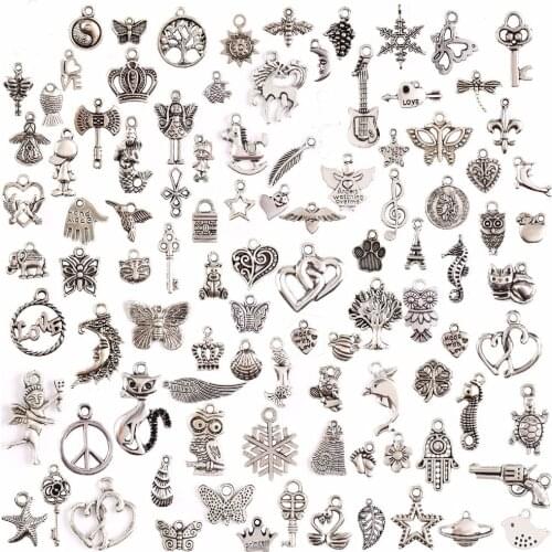 100Pcs Tibetan Silver Color Connector Bails Mix Beads with Pendant fit Charm Bracelet