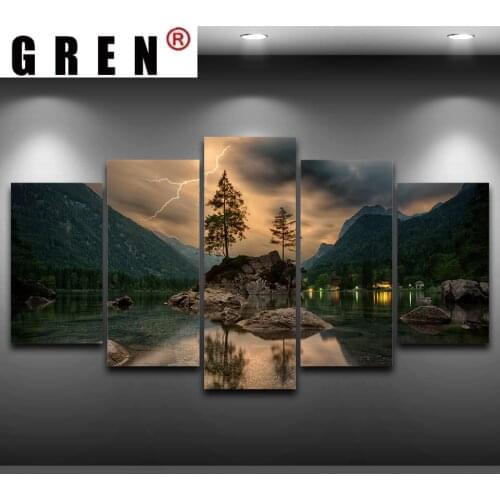 GREN Abstract 5 Pieces Canvas Paintings Posters Prints Mountain Lake Lightning Landscape Wall Art Picture Living Room Home Decor