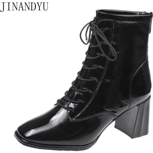 Patent Leather Square Toe Ankle Boots for Women Fashion High Heels Leather Boots Beige Black Boots Femme New Chunky Heels