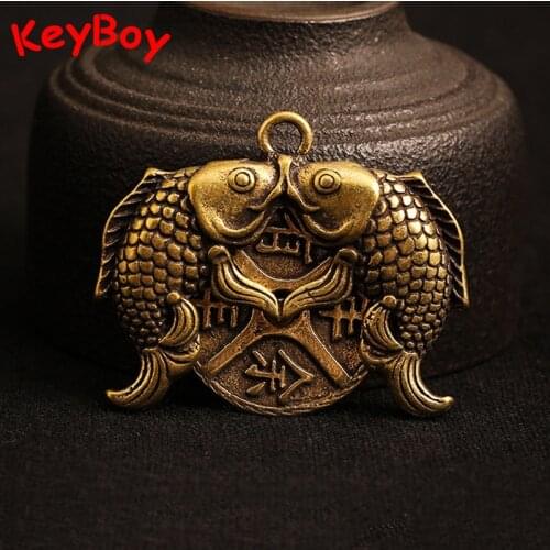 Pure Brass Fish Key Ring Pendant Vintage Copper Double Fishes Tag Chinese Feng Shui Lucky Men Car Key Chain Hanging Jewlery Gift