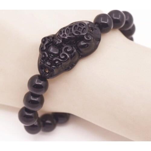 10mm Bound Black Beads 20mmx35mm PiXiu Lucky Bracelet Feng Shui 7" Long