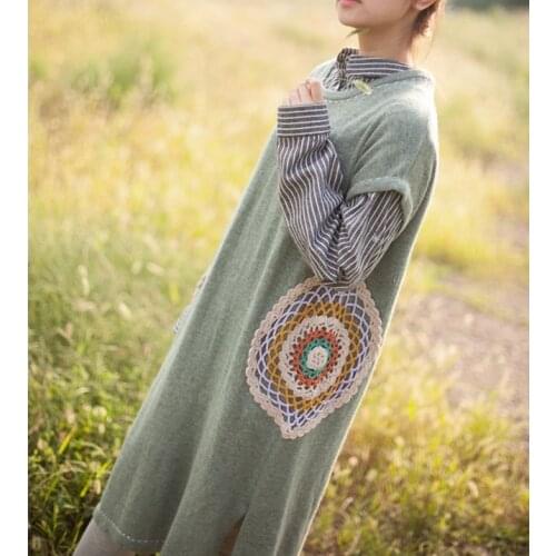 Women Embroidered Hook flowers Knitting Dress Retro Sweet female Knitted Dress Knitwear Mori Girl Bottoming Dress