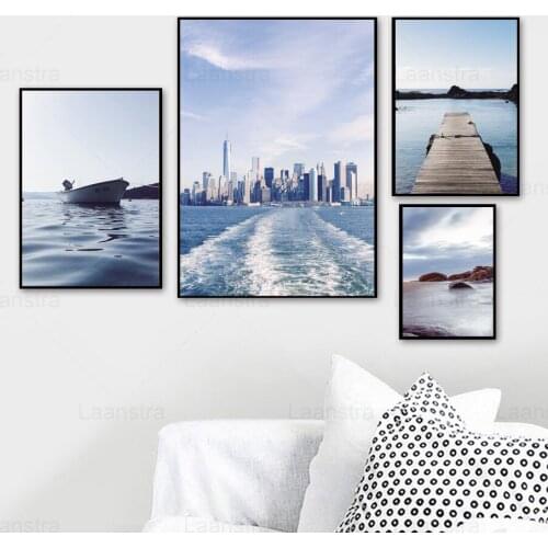 Seaside Scenery Wooden Bridge Buildings Over The Sea Boat Decoration Painting Living Room Decoration Home Decoration Canvas