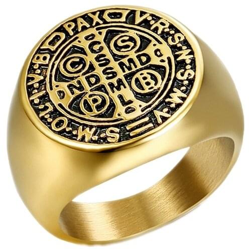 Catholic Patron Saint St Benedict of Nursia Holy Medal Cross Ring 316L Stainless Steel Mens Jewelry VRSNSMV SMQLIVB NDSMD CSSML