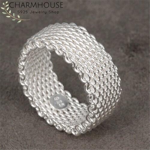 Pure 925 Silver Rings For Women 8mm Mesh Finger Ring Size 6/7/8/9# Wedding Band Fashion Jewelry Accessories Wholesale Bijoux