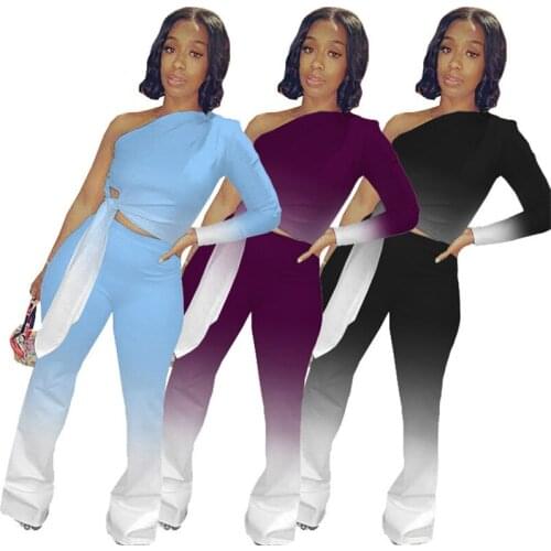 Gradient Color Two Piece Set Women One Shoulder Crop Tops Pants Suit Fitness Street Tracksuit Matching Set Office Lady Outfits