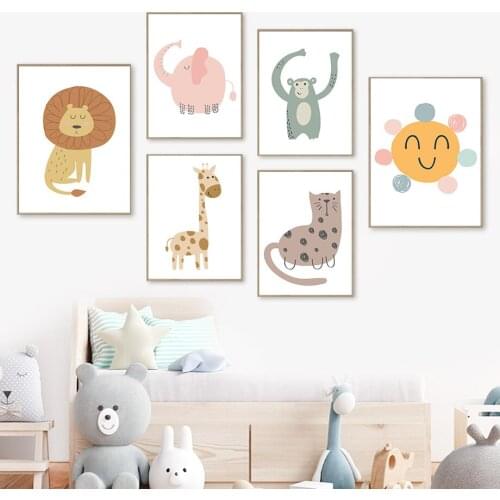Cute Elephant Lion Giraffe Monkey Sun Cat Wall Art Canvas Painting Nordic Posters And Prints Wall Pictures Baby Kids Room Decor