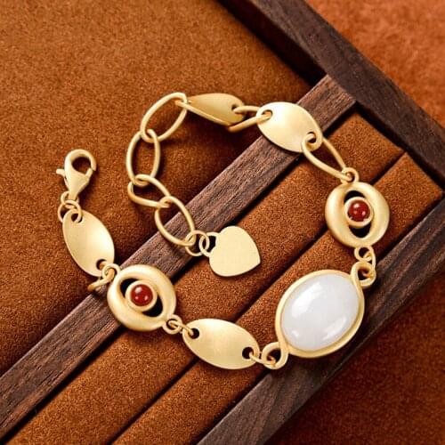 Natural Khotan jade New original new inlaid natural Hetian white Chalcedony bracelet Chinese retro charm ladies brand jewelry
