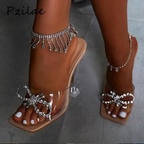 Pzilae Women slippers 2021 transparent high heels sexy square toe fashion rhinestone bowtie wedding party shoes for lady size 41