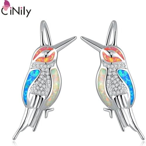 CiNily Bird Shape Blue & White & Pink Fire Opal Earring Silver Plated for Women Jewelry Dangle Earring Fashion Party Gift OH3784