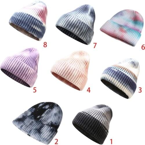 Unisex Winter Warm Ribbed Knit Beanies Hat Gradient Tie-Dye Harajuku Hip Hop Outdoor Sport Ski Stretch Cuffed Skull Cap