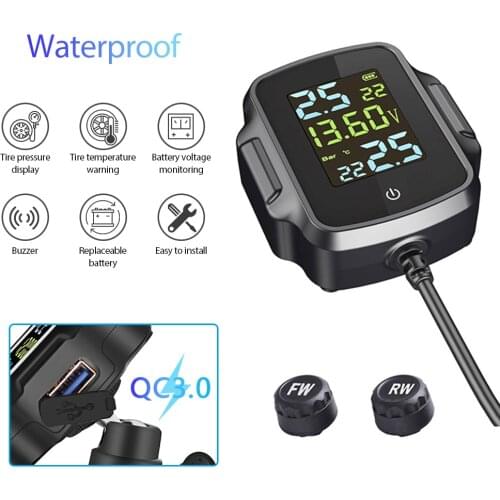 TPMS Motorcycle Tire Pressure Monitoring System Fast Charging USB LCD Display Temperature Alarm System With 2 External Sensor