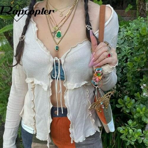 Rapcopter y2k Knitted Crop Top Frill Long Sleeve T Shirt Tie Up Cardigans Vintage Casual Harajuku Tee Top Women Autumn Cute Tops