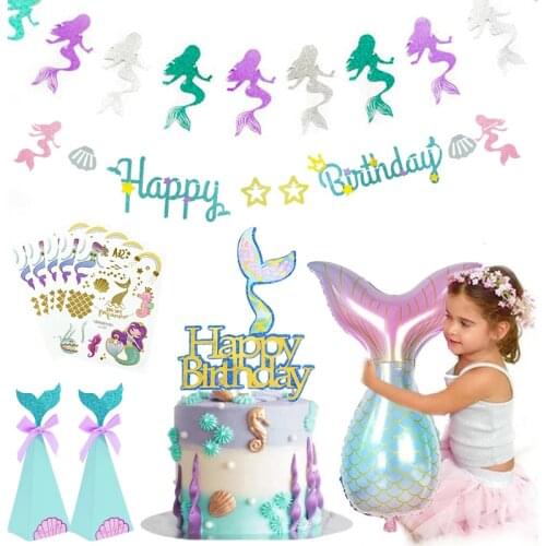 Happy Birthday Letter Cake Topper Mermaid Theme Party Cupcake Topper For Baby Shower Birthday Decor Supplie Mermaid Tail Balloon