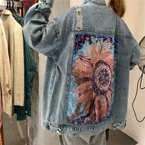Streetwear Style Print Women Denim Jacket Coat Diamonds Hole BF Jean Jackets Outwear Female Casual Loose Sequins Cowboy Outwear