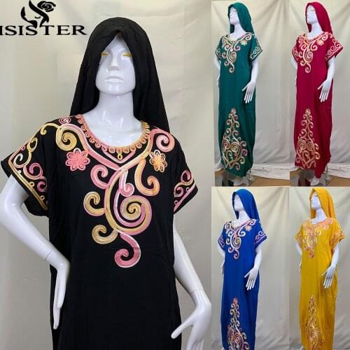 African Dresses Embroidery 100%Cotton Abaya Dubai Short Sleeve Long Robe With Big Scarfs Hijabs Djellaba Maxi For Women Summer