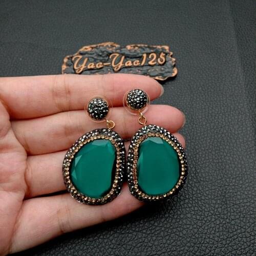 Green Faceted Cat Eye chunk black beads macarsite pave Stud Earrings ethnic style for women