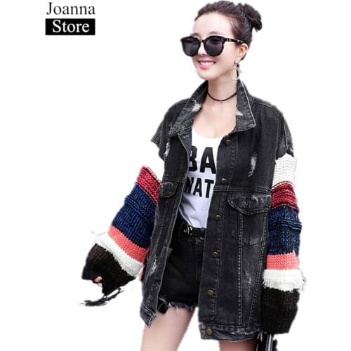 Autumn New Harajuku Denim Lapel Jacket Women Long Sleeve Knitting Stitching Tassel Black Denim Jackets Female Casual Streetwear