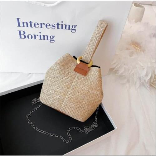 Women Woven Bucket Bag, Classic Shoulder Bag Lightweight Handbag with Chain Strap