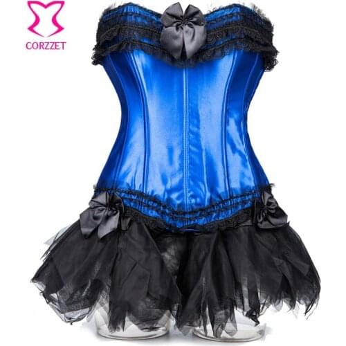 Victorian Lace & Blue Satin Overbust Gothic Corset Dress Lolita Korsett For Women Sexy Corsets And Bustiers Burlesque Dress