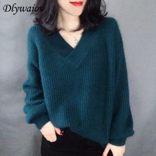 Winter Cashmere V-neck Pullovers Women Sweaters Mohair Knited Warm Thick Loose Lantern Sleeve Fashion Ribbed Tops jersey mujer