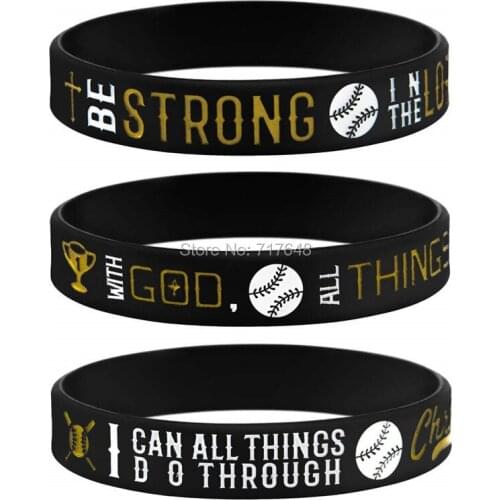 300pcs Baseball Power of Faith Bible Verse black gold wristband silicone bracelets free shipping by FEDEX A