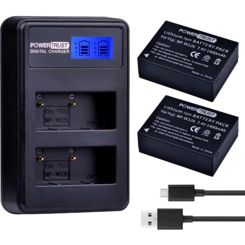 2x 1400mAh NP-W126 NP W126 Camera Battery + LCD USB Dual Charger for Fuji NPW126 X-T10 XT10 X-Pro1 XPro1 X-T1 XT1, HS30 33 35 50