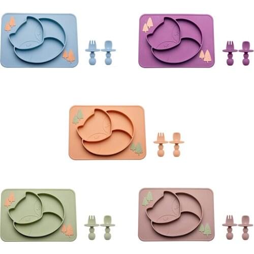 BPA Free Solid Silicon Baby Fox Plate Tableware Feeding Accessorie Newborn Learning Plate Set With Fork Spoon Dropshipping