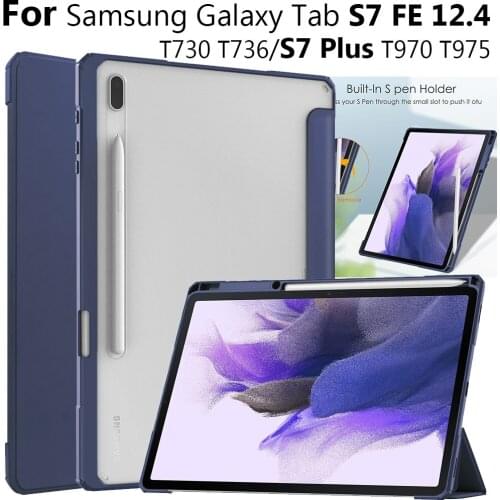 For Samsung Galaxy TAB S7 Plus S7 FE T736 Case Cover Acrylic+TPU PU Classic Leather Smart Stay Back Cover With Pen Groove Stand