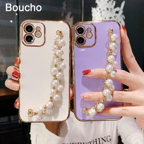 For iPhone 12 Pro Max Mini Case Pearl Diamond Bracelet Chain Electroplated Soft Phone Case For iPhone 11Pro Max XS XR 7 8 Plus X
