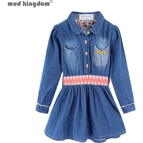 Mudkingdom Cinch Waist Jean Dress for Girls Long Sleeve Button Down Little Girl Clothes Toddler Dresses Spring Autumn Fashion