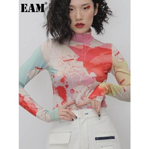 [EAM] Women White Pattern Print Split Temperament T-shirt New Turtleneck Long Sleeve Fashion Tide Spring Autumn 2021 1N112