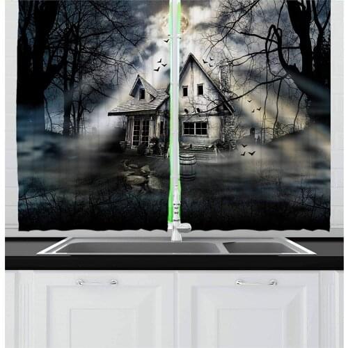 Halloween Window Curtains Haunted House with Dark Horror Living Room Decor Curtains Bedroom Window Drapes Curtains for Kitchen