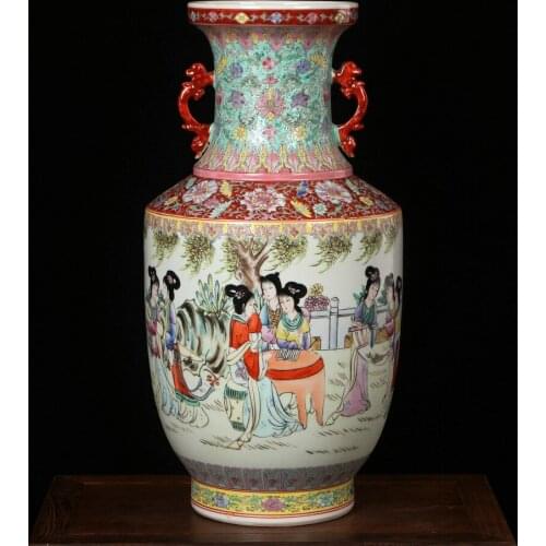 Jingdezhen Art Porcelain Pastel Double Ears Ladies Pictures Vases Ming And Qing Dynasties Classical Home porcelain Ceramic vase