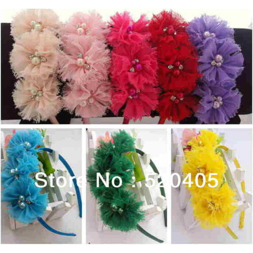 Hot sale three chiffon flower in a row girls hair band Flash flower with pearls and Rhinestone headband hair accessories 15PCS