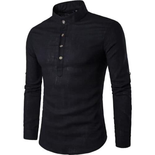 Mens Casual Shirt Tops Standing Collar Cotton Slim Fit Long Sleeve Pure Color Flax Fashionable Simple All-Match 2020 Hot New