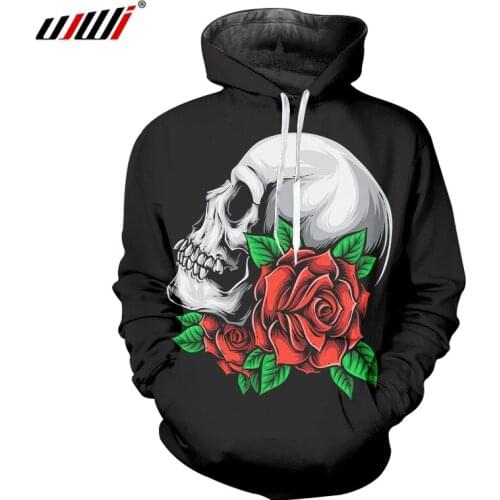 UJWI Autumn Winter Hombre Hoodies Sweatshirts Long Hooded 3D Hoody Print Rose flower Skulls Oversized Attire Unisex Pullover