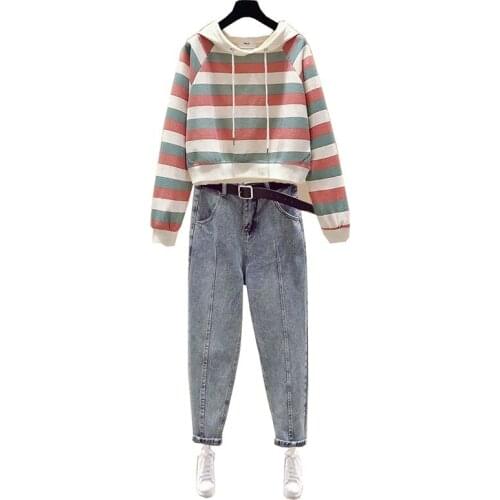 New Two Piece Set Women Striped Hoodies Sweatshirt Pullovers + Loose Denim Ankle-length Pants Suit Women Autumn Winter Clothing