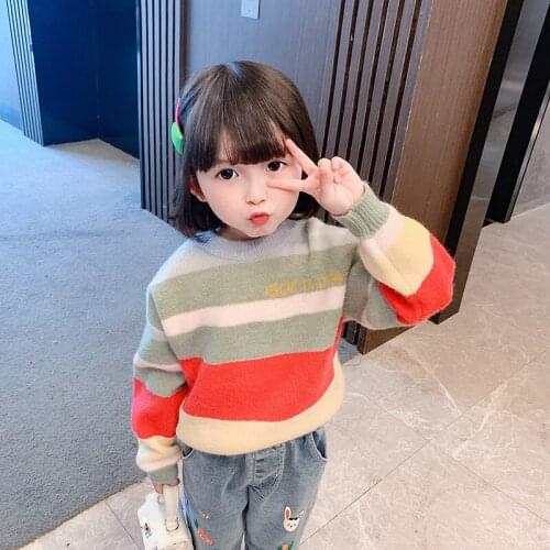 New Girls Sweater Babys Coat Outwear 2021 Stripe Thicken Warm Warm Spring Winter Knitting Pullover Childrens Clothing