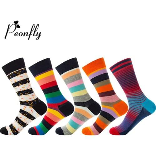 Peonfly 2020 New Autumn Winter Mens Funny Colorful Striped Printed Calcetines Harajuku Combed Cotton Happy Socks