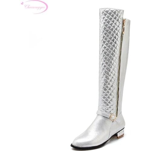 Chainingyee casual winter warm over knee high boots fashion zippers buckle med with black gold silver womens riding boots