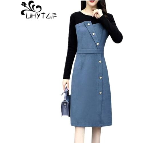 UHYTGF Autumn dresses women Fashion splice Suede winter dress Female loose 5XL plus size dresses long sleeve bandage dress 671