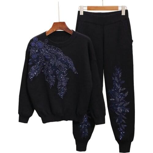 Great quality sequins beading knit suits female heavy industry beading flowers long sleeve sweater + pant two pieces sets wq1738