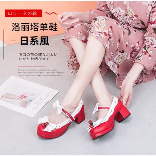 Japanese Mori girl lolita strawberry bell round head high-heeled lace bowknot womens single shoes kawaii shoes cosplay loli