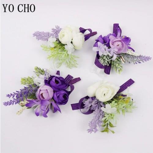 YO CHO Boutonniere and Corsages Artificial Flower Bride Wrist Corsage White Purple Wedding Rose Flower Brooch Pins Boutonnieres