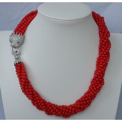 Jewelry Free Shipping fashion 8strands Red Round Coral beads necklace with zircon leopard/cheetah clasp