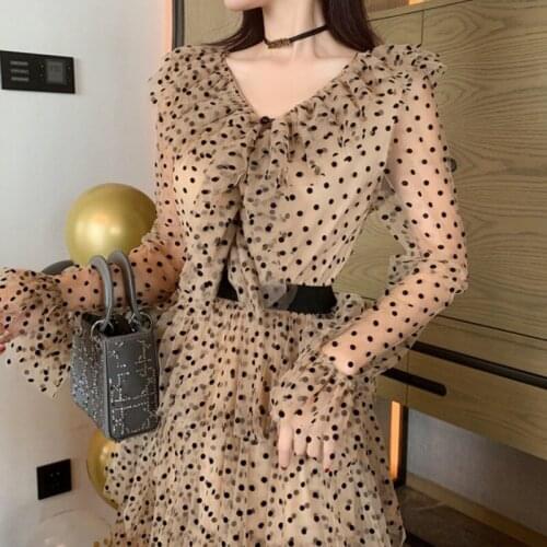 ZAWFL 2021 Early Autumn New Vintage Gold Line Polka Dot Cake Ankle-Length Dress High Waist V-neck Ruffled Women Dress