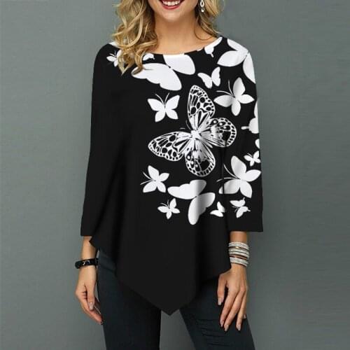 Autumn Womens Clothing Butterfly Printed 3/4 Sleeve Tee Shirts Fashion Casual Elegant Plus Size T Shirt Femme Tunic Ladies Tops